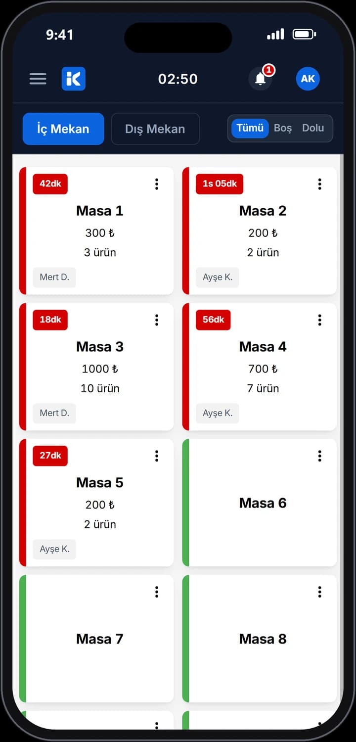 KazanımPOS mobil masa planı ekranı